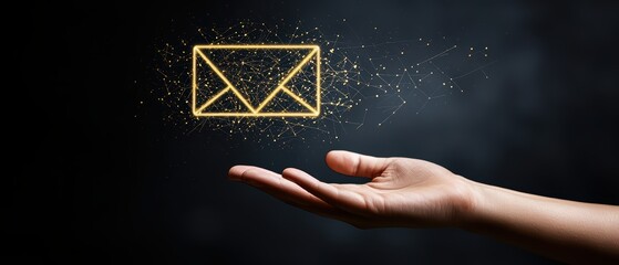 A hand holding a glowing envelope icon against a dark background, symbolizing digital communication and connection.