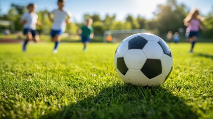 Fototapeta premium A soccer ball on grass with children playing in the background.