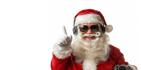 Obraz premium Funny cool Santa Claus wearing sunglasses and headphones, smiling joyfully while holding camera, ready to capture festive moments