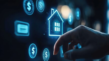 Naklejka premium A hand interacting with a digital interface displaying house and currency icons, representing real estate and investment.