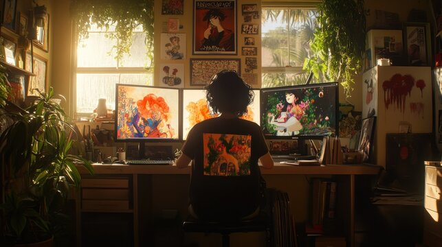 A person sits at a desk with multiple monitors, surrounded by plants and art, focused on work.