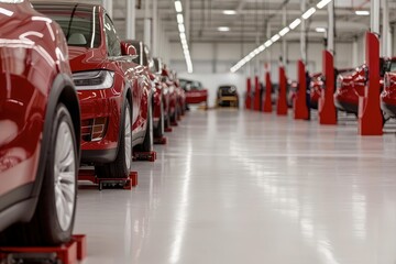 Red electric cars lined up in a modern automotive factory, bright and clean.