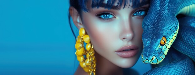Generated imaA striking close-up of a woman with a vivid blue snake coiled around her face, highlighting her piercing blue eyes and glossy makeup. Bright yellow earrings contrast beautifully againstge