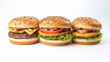 Delicious set of different fast food burgers featuring sesame seed buns, fresh lettuce, and various toppings. Perfect for satisfying meal or snack!