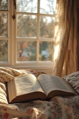 An open book on a cozy bed with soft sunlight streaming through a window in the background. 