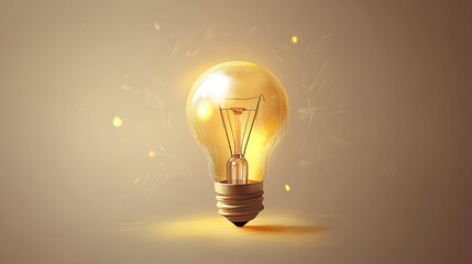 A glowing lightbulb with a golden sheen and sparkles on a brown background.