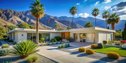 Tranquil contemporary Palm Springs home nestled among vibrant greenery and clear blue skies, offering a perfect desert retreat in an oasis of beauty and serenity.