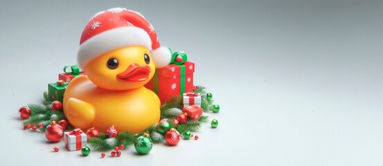 Christmas background with yellow rubber duck and gift box. 3d rendering