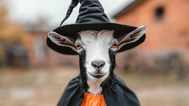 Mysterious goat dressed in a witch hat and cape standing in a haunted autumn barnyard setting with pumpkins leaves and a moody eerie atmosphere  Supernatural folklore inspired fantasy concept - Powered by Adobe