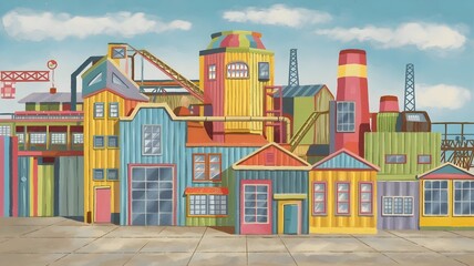 Naklejka premium Colorful factory with bright buildings, conveyor belts, and cranes