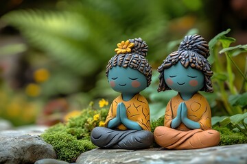 Fototapeta premium Two small clay figurines of people meditating, sitting in a lotus position with their eyes closed and hands together in prayer. The figurines are set against a background of green foliage.