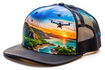 Fototapeta premium Trendy vector trucker hat featuring an adjustable snapback and breathable mesh back panel, perfect for outdoor adventures and casual wear. Stay stylish while exploring!