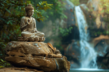 Beautiful greeting card with ancient statue great Buddha to bright holiday composition