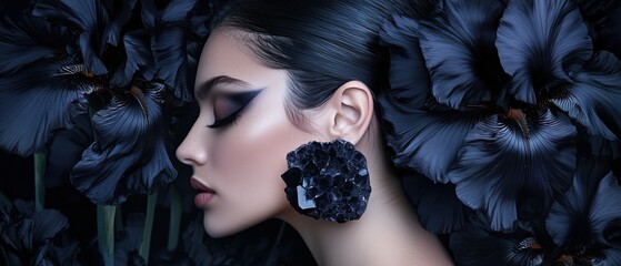 close-up portrait of a woman with striking blue eyes, wearing dramatic black gemstone earrings. She is framed by deep purple-black irises, creating an intense contrast of beauty and nature.