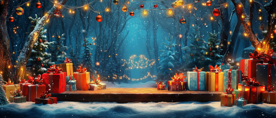 Obraz premium A long horizontal table at the bottom of the picture. An enchanted Christmas forest filled with twinkling lights and colorful decorations