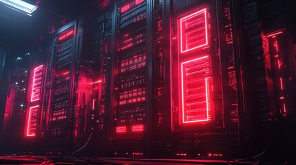Obraz premium Futuristic server data center with red neon lights