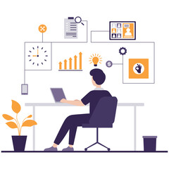 Man working on laptop with business icons and growth elements.