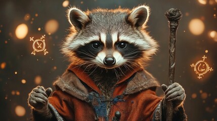 Whimsical of a raccoon dressed as a wizard wielding a magical staff and surrounded by mystical glowing symbols floating in an ethereal atmospheric forest setting