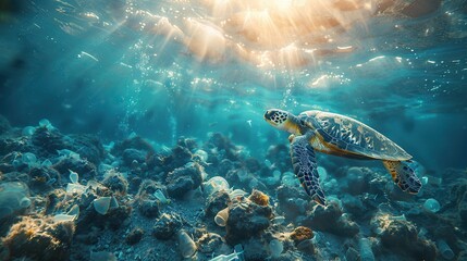 Obraz premium Sea Turtle Swimming Among Coral Reef and Rays of Light