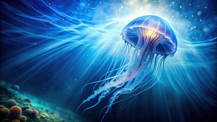 Naklejka premium Panoramic jellyfish swirl of blue energy and light underwater