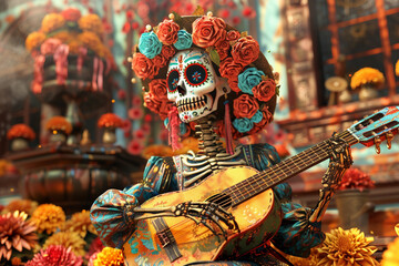 Beautiful greeting card with bright holiday composition for happy to joy celebrate dia de muertos