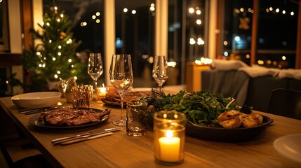 A table is set with a Christmas tree in the background and a variety of food