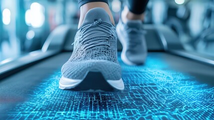 Close-up of a person's foot in a running shoe on a treadmill with digital interface, representing fitness and technology.