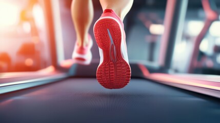 Close-up of a runner's feet on a treadmill, showcasing athletic footwear and motion.