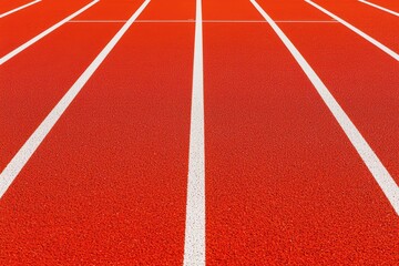 Fototapeta premium Close-up of a red athletic track with white lane markings, featuring a smooth surface ready for competition.