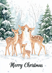 A family of deer in the snow, surrounded by pine trees and falling snowflakes, with "Merry Christmas" written at the bottom in elegant script