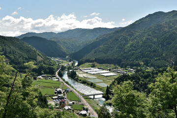 日本の里山の景色、緑の山と清らかな川