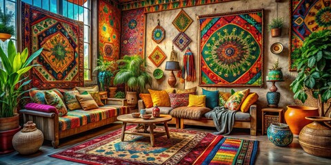 Fototapeta premium Vibrant Bohemian Art Featuring Abstract Patterns and Earthy Tones for Creative Home Decor Inspiration