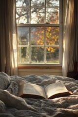 An open book on a cozy bed with soft sunlight streaming through a window in the background. 