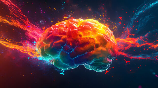 A colorful brain with hexagons and lines connecting neural pathways, symbolizing AI technology.Creative brain creative and mathematical mindset. Explosion of colors and creativity, concept.