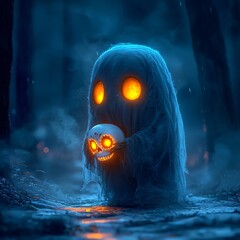 Whimsical ghost with a sugar skull in a dark setting, perfect for Day of the Dead (Dia De Los Muertos) promotions, invitations, or Halloween-themed decor.