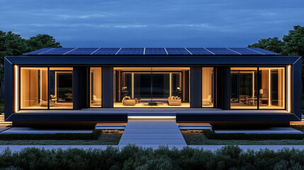 Fototapeta premium Modern, minimalist home with solar panels on the roof, lit up at night.