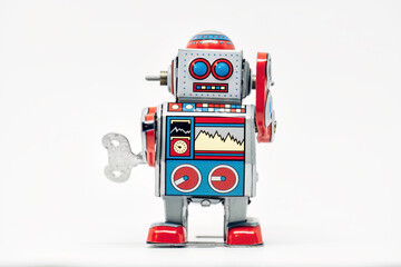Classic tin toy robot standing on white background