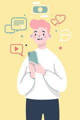 Man holding a smartphone with various digital content icons around him. 