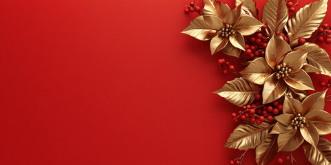 3D render of golden poinsettia and holly berries on solid bright red background.