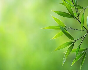 Obraz premium Bamboo leaves on a soft green background, creating a tranquil nature scene.
