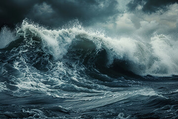 Fototapeta premium Generative ai on theme of a scary tsunami with huge foamy wave, apocalyptic dramatic background