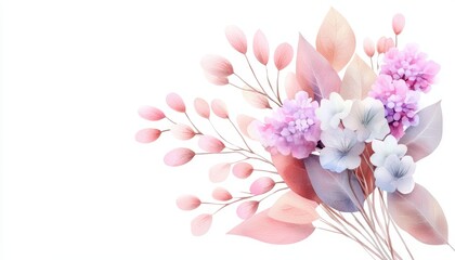 A charming spring bouquet illustration of watercolor branches, soft leaves, and small blossoms in light pastels, arranged loosely to evoke the freshness of the season, isolated on a white background.
