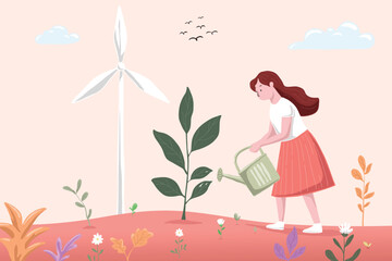 Woman Watering Plant with Wind Turbine in Background.