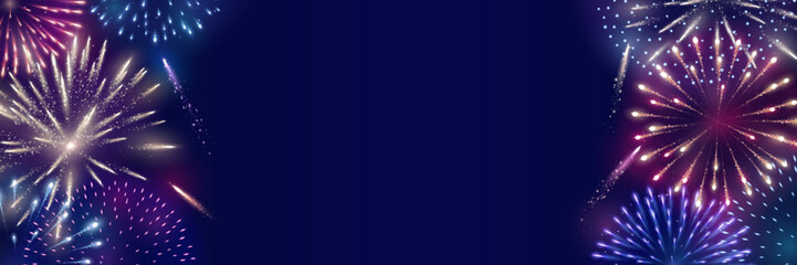 Obraz premium Shiny colorful fireworks explosions. Red, pink and blue firecrackers. Holiday decoration for Christmas and New year party. Festive background for birthday invitations, wedding, diwali banners. Vector.