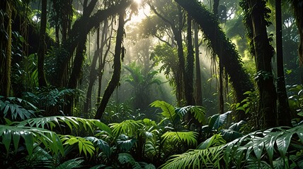 dense tropical jungle with towering trees, thick vines, and lush green plants, bathed in soft dappled sunlight.