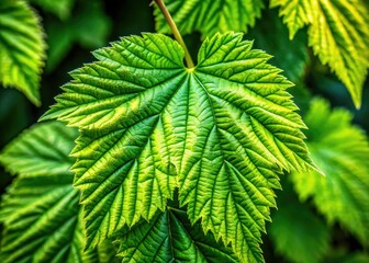 Vibrant green hop leaf with intricate veins, perfect for conveying themes of nature, organic lifestyles, and brewing, adding a touch of freshness and earthiness.