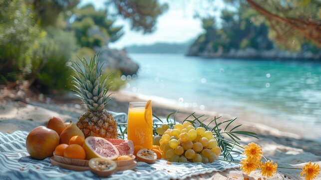 Tropical Fruit Arrangement by the Serene Sea