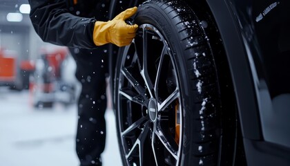 Fototapeta premium A detailed close-up of a technician aligning a summer tire on the wheel hub after removing the winter tire