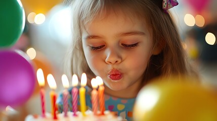 A little girl with blonde hair blows out candles on a birthday cake.