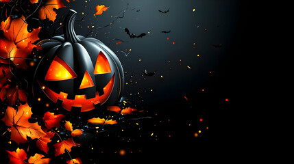Black Jack-o'-Lantern with Glowing Face and Fall Leaves in a 3D Illustration on a Dark Background for Halloween